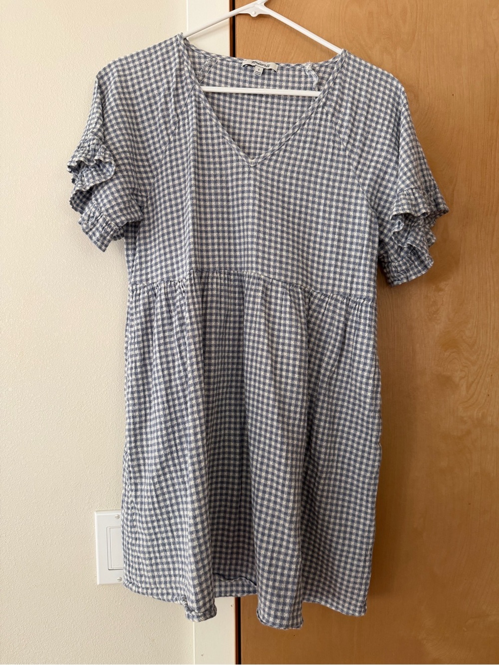 Blue and White Gingham V-Neck Babydoll Dress by Madewell